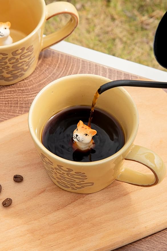 DIHOclub Leopard Coffee Cup Ceramic 3D Wild Animal Inside Mug,Cute Cartoon Handmade Figurine Mugs,Holiday and Birthday Gift for Coffee Milk Tea Lovers,12 OZ (Yellow Leopard)