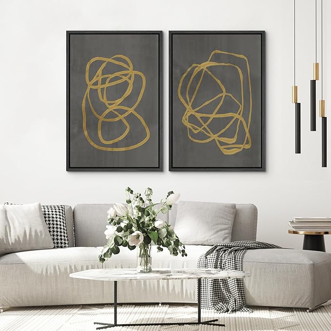 SIGNWIN Framed Canvas Print Wall Art Set Mid-Century Yellow Gray Polygon Collage Abstract Shapes Cozy Neutral Modern Minimalism Decorative Nordic for Living Room, Bedroom, Office - 16"x24"x2 Black
