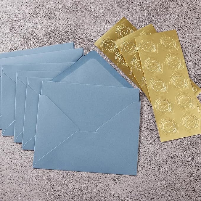 50 Pack Dusty Blue A6 Envelopes with Cards 4x6 Thick Folded Cardstock and Gold Stickers for Greeting Cards, Wedding, Birthday, Invitations, Baby Showers (Dusty Blue, 4x6)