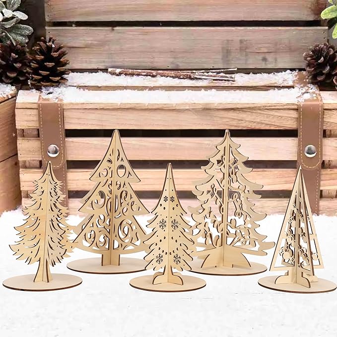 Christmas Craft Set - Wood 3D Christmas Tree, Wooden Unfinished Slices to Paint, Xmas Trees Cutouts Ornaments, for Xmas Winter DIY Handmade Tiered Tray Decorations