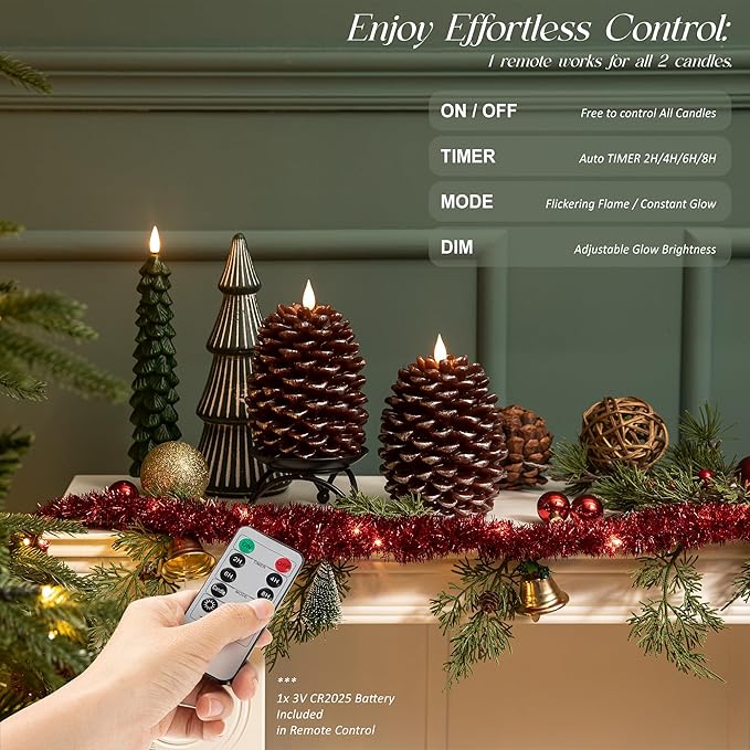 Pinecone Flameless Candles with Remote Timer, 2 Pack Real Wax Battery Operated LED Candles for Christmas Decorations, Rustic Holiday Table Centerpieces, Winter Home Décor Brown
