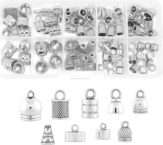 Mandala Crafts Silver Tone Leather Cord End Caps for Jewelry Making, Tassel Caps, 4mm to 9mm 90 PCs Barrel Cord Ends, Kumihimo Supplies and Jewelry Findings