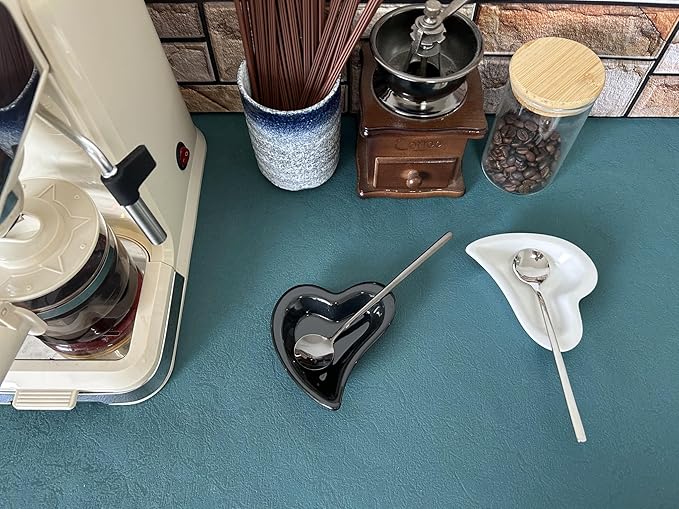 Coffee & Tea Spoon and Rest Set for Coffee Bar Accessories, Heart Cute Mini & Small Coffee Spoon Rest & Holder for Coffee Station & Bar, Teaspoon Rest & Holder (Black Rest with Black Spoon*2)