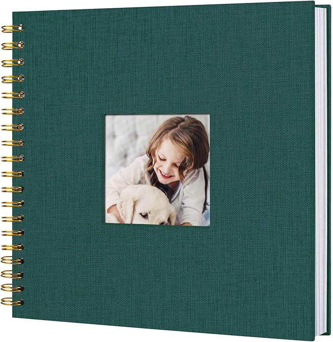 8 x 8 Inch Scrapbook Photo Album, DIY Memory Book Linen Cover for Photos, Hardcover Kraft White Pages Scrap Book Photo Albums for Travel, Wedding Anniversary Family Christmas Baby 40 Pages, Green