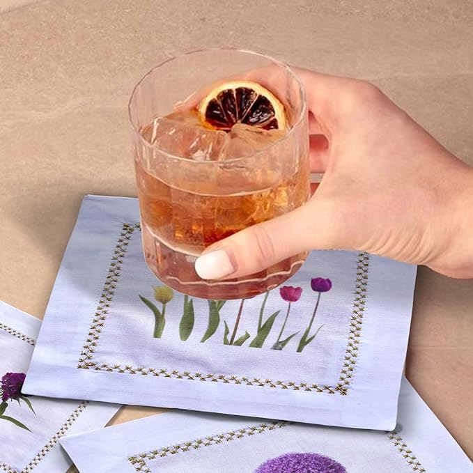 Cocktail Napkins Set of 6, 6x6 inch, 100% Pure Cotton, Printed Floral Design, Reusable & Washable Napkin Coasters for Beverages, Parties, Weddings & Everyday Use (Tulip & Dandelion)