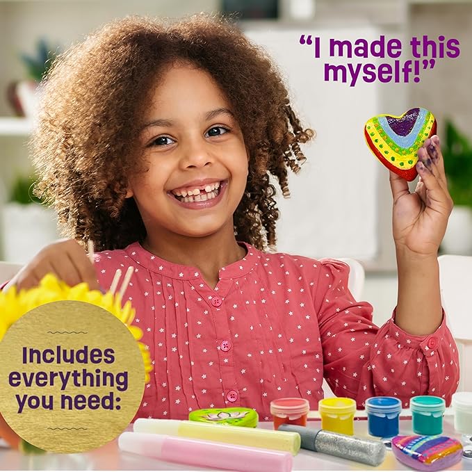 Hearts Rock Painting Kit for Kids Girls - Glow in Dark Art Supplies Ages 4-12 - Complete STEM Craft Set with Puffy Paint Stickers Gems Paints - Educational Birthday Christmas Gifts Art Toys for Girl
