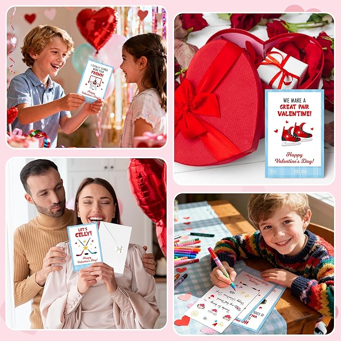 TICIAGA 72pcs Valentine’s Day Ice Hockey Greeting Cards with Envelop and Stickers for Kids, 4 x 6 IN Sporty Design Hockey Exchange Gift Cards for Boys Girls Classroom Supplies, Valentines Party Favors