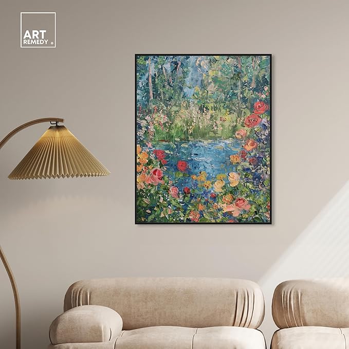 Art Remedy Serene Escape Framed Impressionism 1 Piece Canvas Wall Art/Monet And Van Gogh Inspired Art, 31" x 37", Black Frame