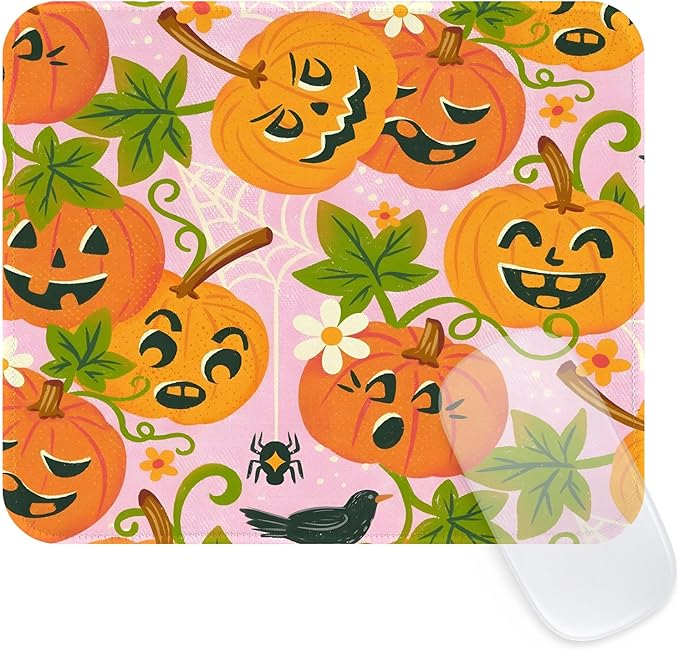 Seorsok Halloween Funny Pumpkin Mouse Mat,Greenery Decor Mouse Pads for Office Laptop,Washable Square Cute Mousepads with Extended Stitched Edges Non Slip Rubber Base 9.5"x7.8"x0.12" Inch,Pink