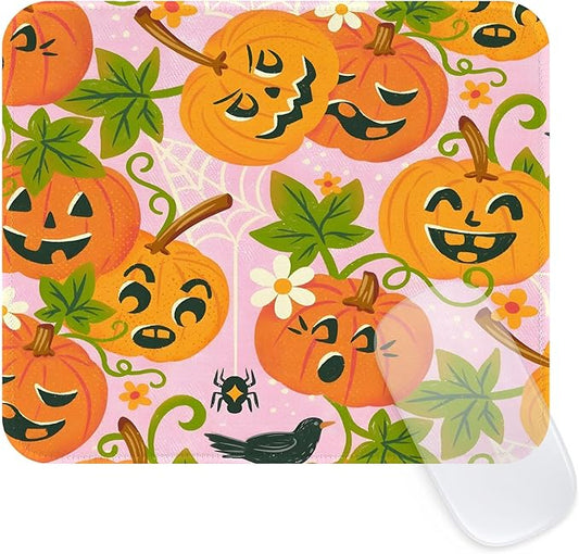 Seorsok Halloween Funny Pumpkin Mouse Mat,Greenery Decor Mouse Pads for Office Laptop,Washable Square Cute Mousepads with Extended Stitched Edges Non Slip Rubber Base 9.5"x7.8"x0.12" Inch,Pink