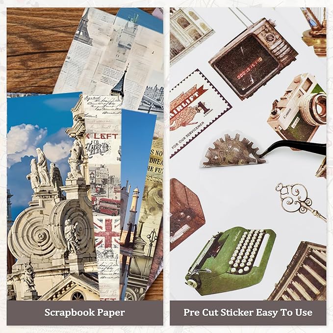 Travel Sticker Book, 32 Sheets 377 Pcs Vintage Aesthetics Stickers & 20 Sheets Washi Paper for Journaling Scrapbooking Bullet Journals Planners Letter Card Making