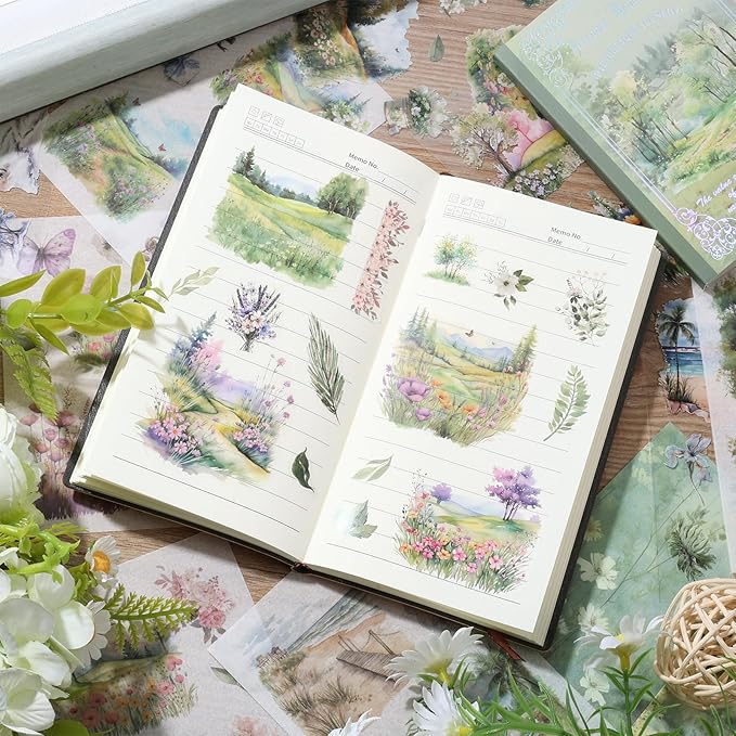 Plant Landscape Scrapbook Stickers 36 Sheets 200 Pre-Cut Washi Stickers for Journaling PET Transparent Sticker 18 Sheets Scrapbook Paper Decorative or DIY Crafts Arts and Crafting Projects
