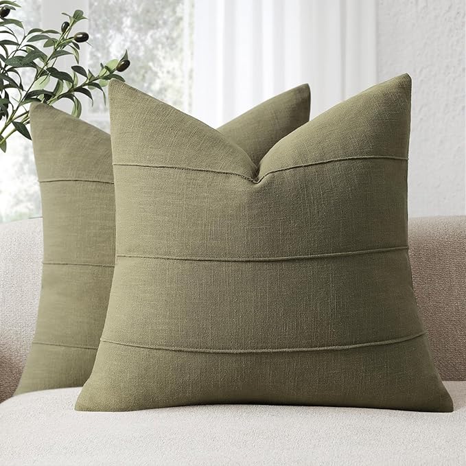 ZWJD Christmas Linen Throw Pillow Covers 24x24 Set of 2 Solid Handcrafted Striped Cushion Covers for Bed Soft Xmas Decorative Pillow Covers for Couch Bedroom Living Room Christmas Decor(Olive Green)