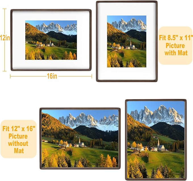HELPLEX 12x16 Premium Picture Frame Set of 2 - Solid Walnut Wood, UV-Blocking Plexiglass, Convertible 8.5x11 Matted or 12x16 Open Display - Wall Art Gallery & Luxury Home Decor