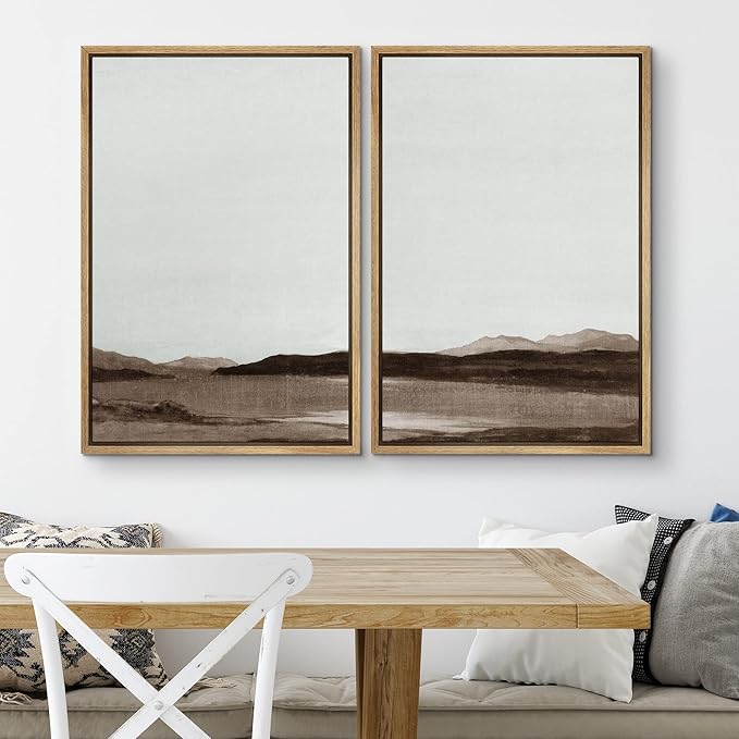 SIGNWIN Framed Canvas Print Wall Art Set Brown Minimalist Desert Mountains Nature Wilderness Illustrations Fine Art Farmhouse/Country Minimal for Living Room, Bedroom, Office - 24"x36"x2 Natural