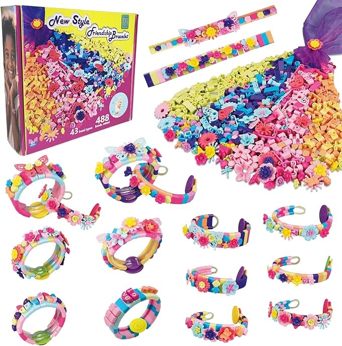 BOLVISEP Friendship Bracelet Making Kit for Girls, 6-12 Year Old Girl Christmas Birthday Gifts, Arts and Crafts Kits for Kids, Kid Rubber Band Bracelet Making Kit with Charm (Butterfly&Flower) 488PCS