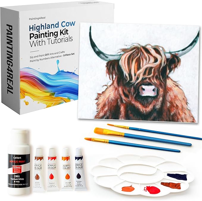 Painting4Real DIY Painting Class Kit for Adults with Video Tutorials: Learn to Paint Highland Cow – How to Paint with Acrylics – Painting & Art Supplies – 9 Piece Acrylic Paint Set