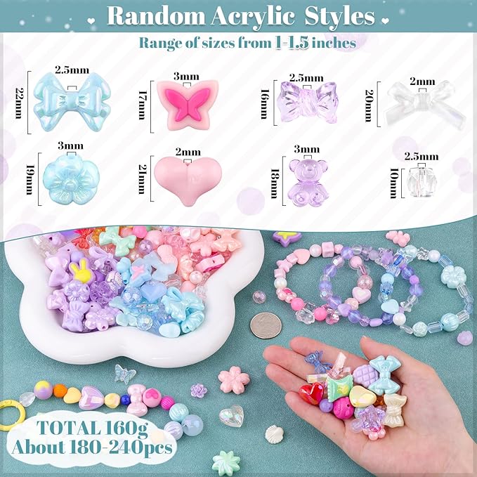 210-270PCS TINKRSTUFF Assorted Acrylic Beads, 4 Colors Series Cute Beads for Bracelet Making, Bow Flower GummyBear Kawaii Charms, Aesthetic Bead for Necklace Keychain Jewelry Making DIY Phone Charm