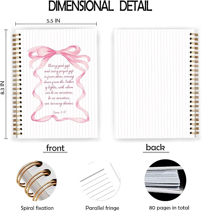 Christian Notebook, Coquette Pink Bow Bible Verse Spiral Notebook 5.5x8.3, Preppy Aesthetic Journal for Women, Coquette Office Supplies, Bible Journaling Spiral Journal