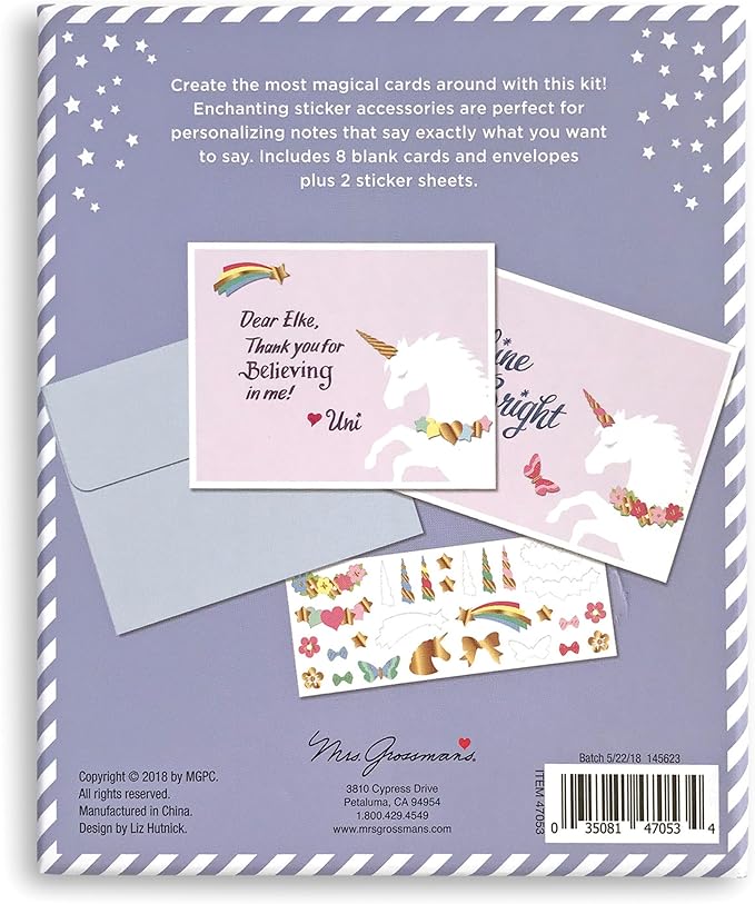 Mrs. Grossman's Design Your Own Sticker Notecards Card Making Kit - includes 8 Cards, Envelopes, and Classic Stickers - Create DIY Thank You, Birthday, Greeting Cards (Unicorn Wishes)