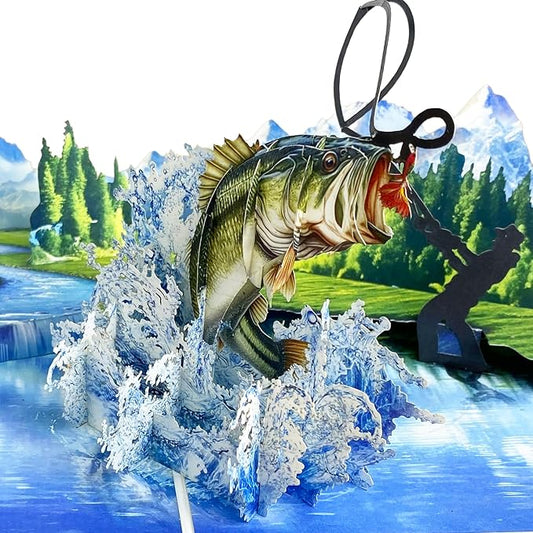 3D Pop Up Greeting Card – Handmade Fishing Card with Jumping Bass & Scenic Lake – Father’s Day, Birthday, Retirement, Outdoor Sportsman & Fisherman Gift
