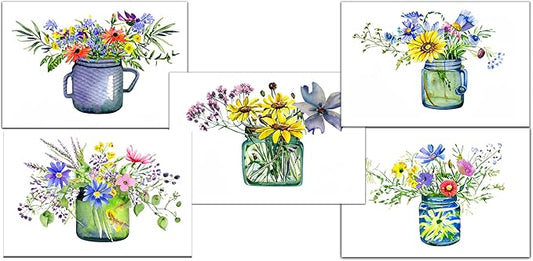 Wildflower Bouquet Greeting Cards, Set of 10 all occasion 5x7 note cards with Evelopes Blank Inside. Colorful Flowers in Vase Designs.