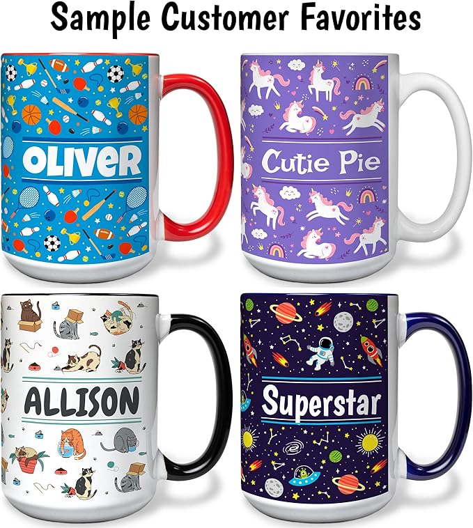 Personalized Mug for Kids - Dinosaurs - Custom Name/Text, Ceramic Hot Chocolate/Cocoa/Coffee Cup for Boys/Girls, Birthday/Christmas/Holiday Gift - 15 oz, White Handle