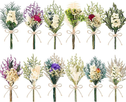 12/24 PCS Charming Dried Flowers Bouquet for Vase Various Dried Wildflowers with Stems Mini Handmade Wildflowers Natural Real Flowers Bulk Flowers Craft (White Series, 12 PCS)