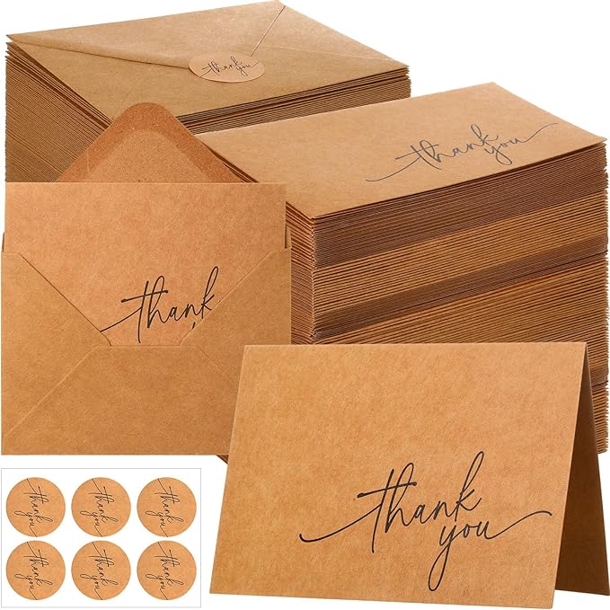 Gueevin 200 Pcs Thank You Cards with Kraft Envelopes and Stickers Bulk, 3.5 x 5 Inch Classy Blank Thank You Notes for Wedding, Business, Graduation, Baby Shower, Bridal Shower, Funeral (Brown)