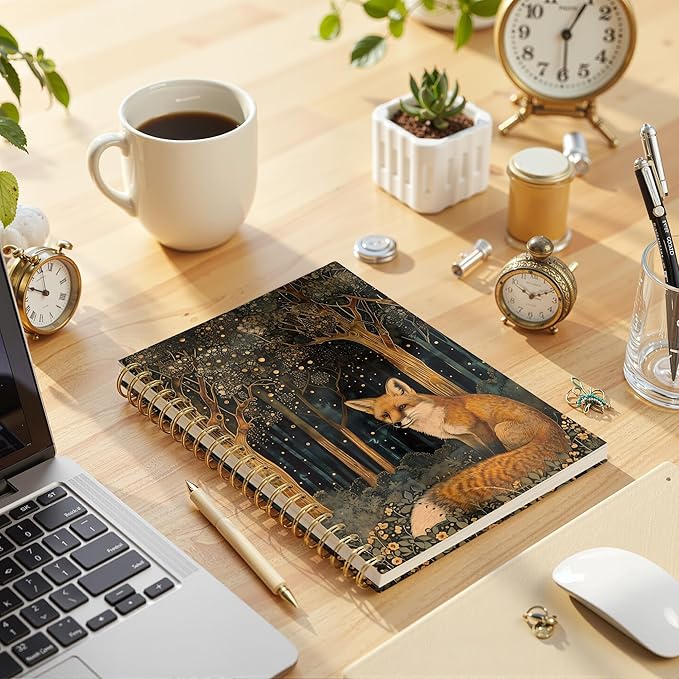 Vintage Starry Forest Fox Notebook, Fox Lover Gifts, Mystical Enchanted Forest Wild Animal Journal,Dark Cottagecore Aesthetic Spiral Notebook Journal, 5.5x8.3 Inch