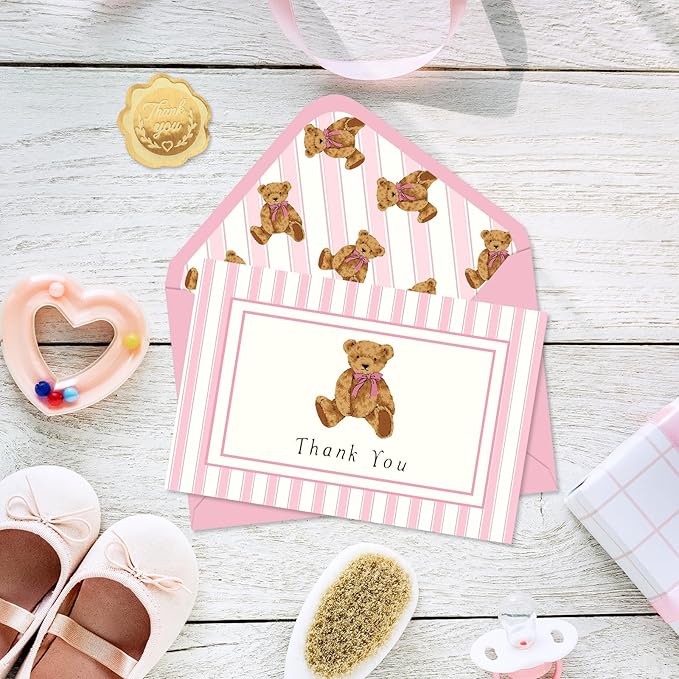 JarThenaAMCS 24 Pack Bear Thank You Cards Greeting Cards Pink Stripe Bear Blank Note Card with Envelopes Stickers for Birthday Baby Shower Party Supplies, 4 x 6 Inch