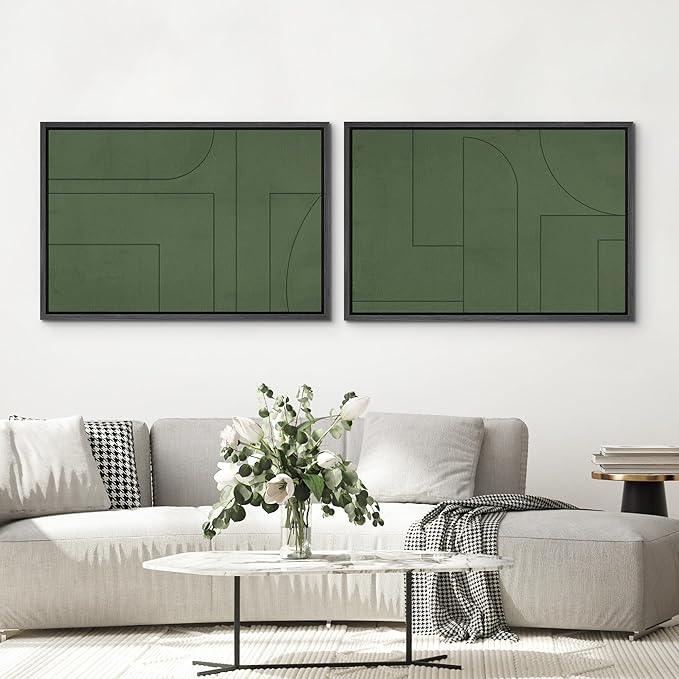 SIGNWIN Framed Canvas Print Wall Art Set Green Mid-Century Polygon Landscape Abstract Shapes Digital Art Modern Art Decorative Minimalism Vintage for Living Room, Bedroom, Office - 16"x24"x2 Black