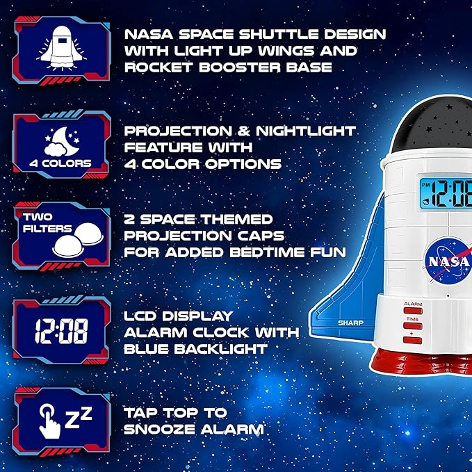 Sharp NASA Space Shuttle Night Light Alarm Clock – Wings and Booster Lights Up – Space Design Nightlight Fun with 4 Color Options and 2 Space Themes for Bedroom, Great Gift!