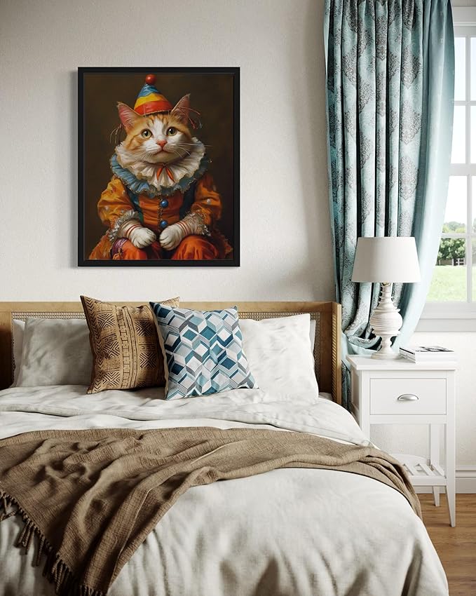 Clown Portrait Art Poster Print, Cat Kitten Painting Humor Pet Artwork Decor Gallery A8 (Clown Portrait, 16 x 20 inches, Black Frame)