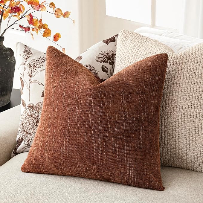 Foindtower Pack of 2 Soft Textured Chenille Throw Decorative Pillow Covers Square Accent Solid Cushion Cover Cozy Neutral Farmhouse Pillow Case for Couch Sofa Bedroom Living Room 20x20 Inch,Red Taupe