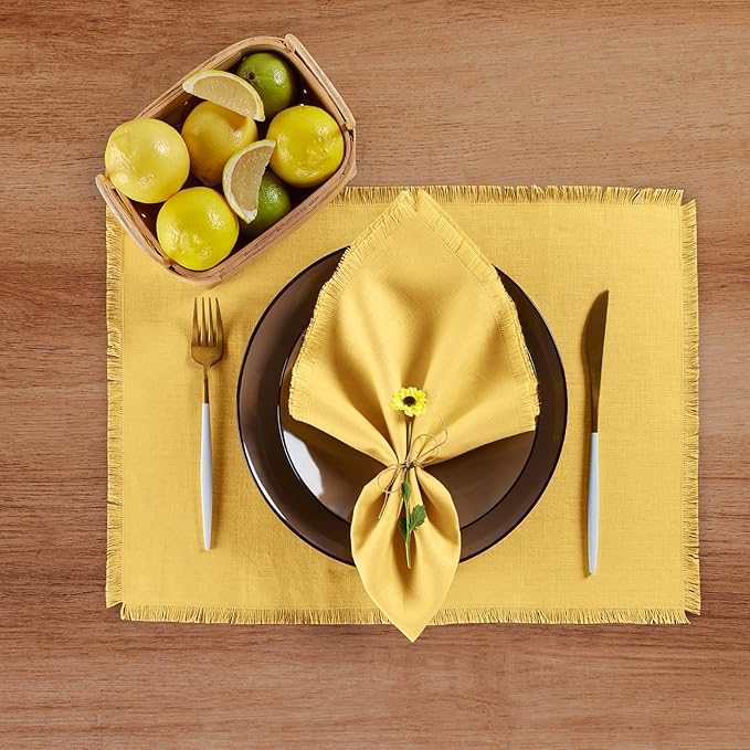 Solino Home Fringe Linen Placemats Set of 4 - Marigold Yellow Placemats 14 x 19 Inch - 100% Pure Linen Table Mats for Spring, Easter