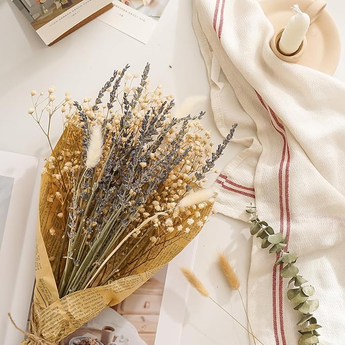 Dried Lavander Flower Bouquet with Babies Breath, Used for Home Farmhouse Decor, Table Decor Real Dried Flowers for vase, Gift for Mother Friend. 16.5 Inches