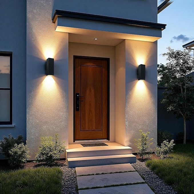 2 Pack Motion Sensor Outdoor Wall Lights, Dusk to Dawn Up & Down Sconces with E26 Dimmable LED Bulbs, Black Aluminum Porch, Patio, Garage,Front Door Lighting Fixtures, ETL Listed