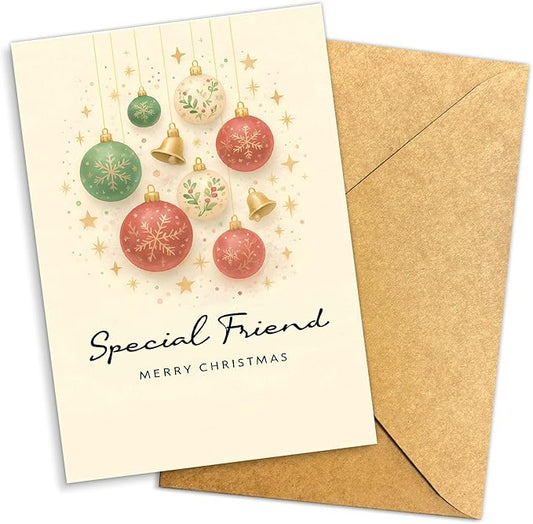 (5.3x8in) Special Friend Merry Christmas Card, Elegant Holiday Greeting with Red and Green Baubles, Gold Bells Stars, Festive Friendship Card for Best Friend, Female or Coworker (Xmas 47)