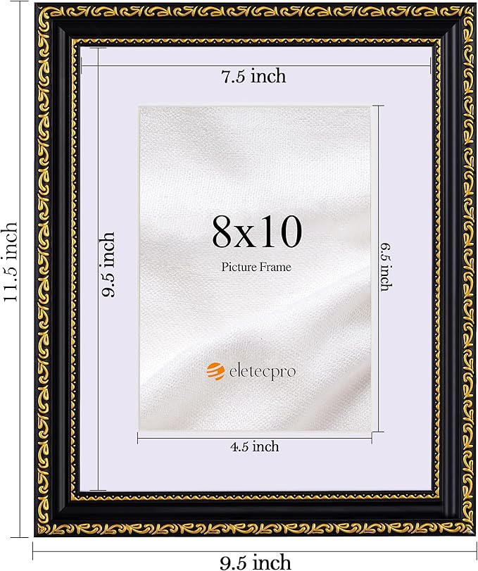eletecpro 8x10 Picture Frames Set of 4, Vintage Photo Frame with Glass, Frames 8 x 10 Display 5x7 Photo with Mat or 8x10 without Mat for Tabletop or Wall Decor, Black Gold