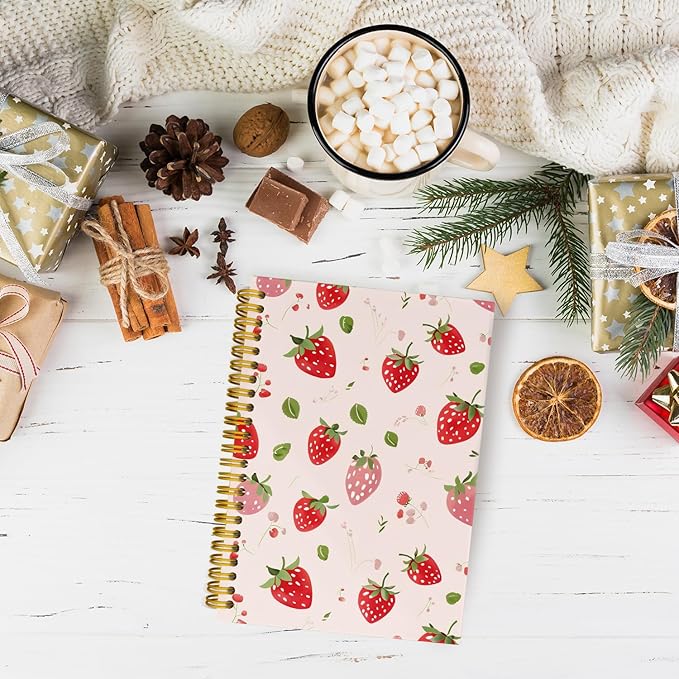 Cute Strawberry Journaling Notebooks, Preppy Pink Spiral Notebook, Pink Office Supplies, Cute Notebooks for Women Girls, Hardcover Spiral Notebooks College Ruled 5.5 x 8.3