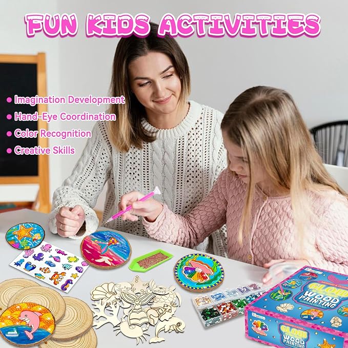 klmars Mermaid Themed Wooden Painting Kit-Glow in The Dark-Arts & Crafts Gifts for Kids Girls Ages 6-12-Wood Slice Craft Activities Kits -Mermaid Art Toys for Kids Christmas Gifts