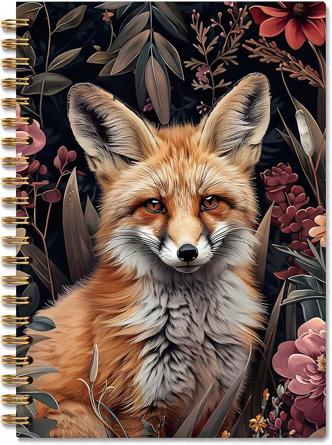 Vintage Floral Fox Notebook, Whimsical Forest Animal Journal, Fox Gifts for Women, Dark Cottagecore Flower Aesthetic Spiral Notebook Journal, 5.5x8.3 Inch