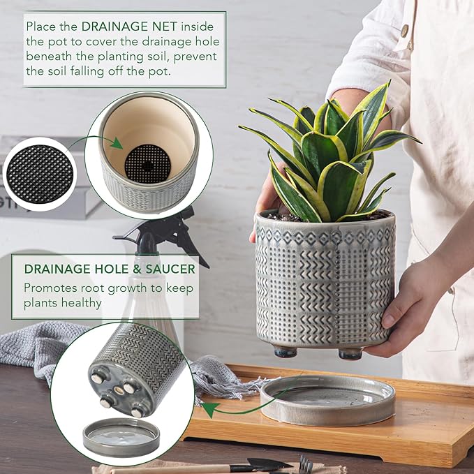 Indoor-Outdoor Ceramic Plant Pots: 6 Inch Flower Pots with Drainage Hole & Saucer - Decorative Ceramic Pots for Plants Herbs Succulents - Home Garden Patio Lawn Use (Grey)