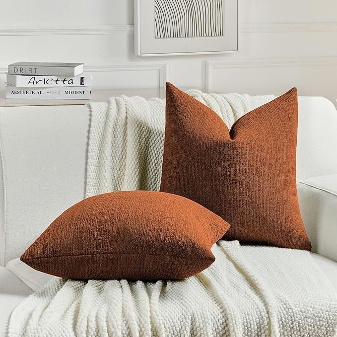 FUTEI Rust Chenille Decorative Throw Pillow Covers 18x18 Inch Set of 2,Soft Cozy Faux Linen Textured Cushion Case,Farmhouse Home Decor for Couch Living Room