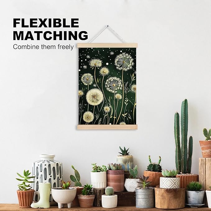 MVLJG Moody Vintage Dandelion Floral Wall Art Poster, Dark Cottagecore Decor, Dark Green Botanical Dandelion Canvas Prints Hanging Wall Decor for Home Bedroom Living Room, 12x16 Inches