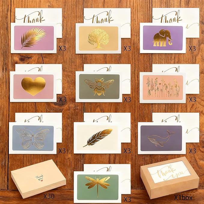 Thank you cards with envelopes Blank Note Cards,30 Pack All Occasion Assorted Greeting Cards, 10 Gold Foil Designs with Stickers and Envelopes 4" x 6" For Thank You, Birthday and Christmas Gifts Messages