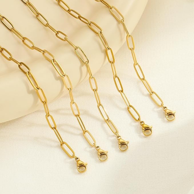 Swyabi 10 PCS Gold Plated Necklace Chains Bulk 18Inch Stainless Steel Paperclip Chain with Extender for Jewelry Making