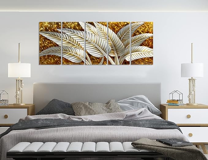 BATRENDY ARTS Silver Banana Leaves Metal Wall Art Decor Rustic Golden Aluminium Artwork Sculpture 5-panel Hand Polished Decorative Hangings for Livingroom Bedroom