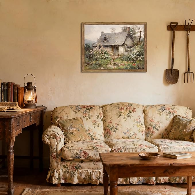 Framed Farmhouse Wall Decor, Country Cottage Pictures Wall Art, Pastoral Nature Landscape Canvas Print, Vintage Farm House Oil Painting Artwork for Bedroom Living Room – 12x16 inch
